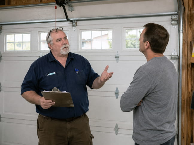 Garage door technician discussing repair options with a homeowner in Concord CA
