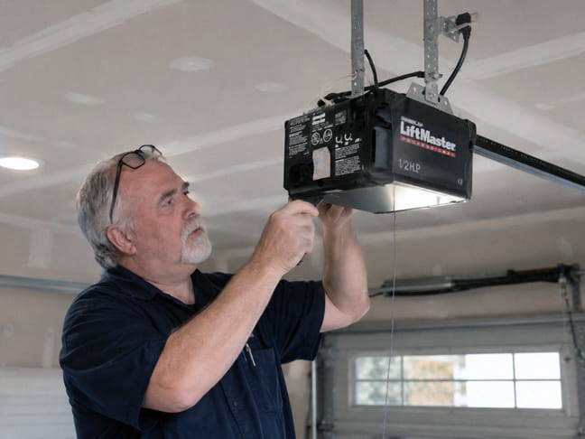 Technician repairing a garage door opener in Concord CA
