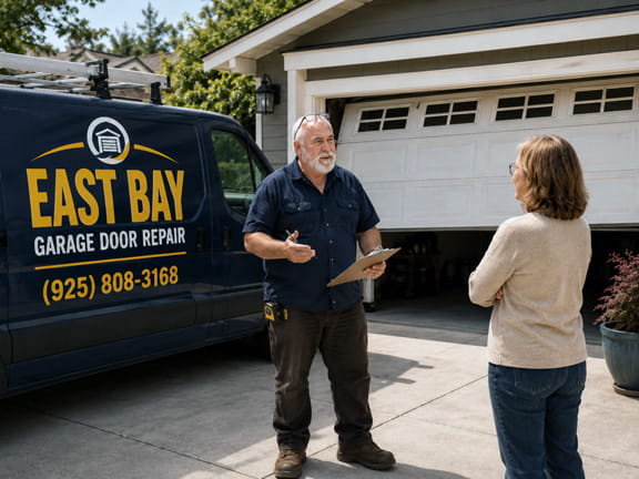 Garage door technician discussing a garage door problem with a customer in Concord, CA.