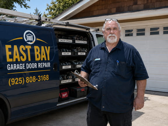 Garage door technician ready to diagnose a garage door problem from his fully stocked service van in Concord, CA.