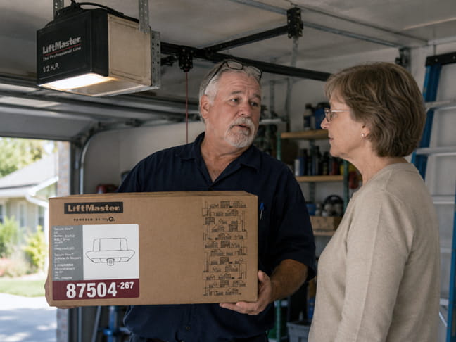 Garage door technician arriving to install a new LiftMaster garage door opener in Concord.