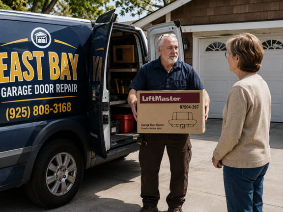 Garage door technician arriving with a new LiftMaster garage door opener for a customer in Concord.