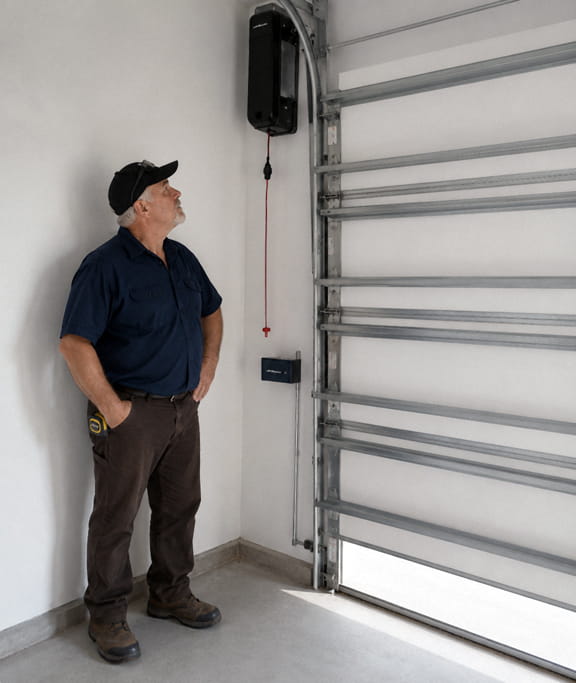 Garage door technician standing beside the LiftMaster jackshaft garage door opener installed in his own garage.