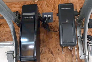 Installed LiftMaster jackshaft wall-mounted garage door opener.