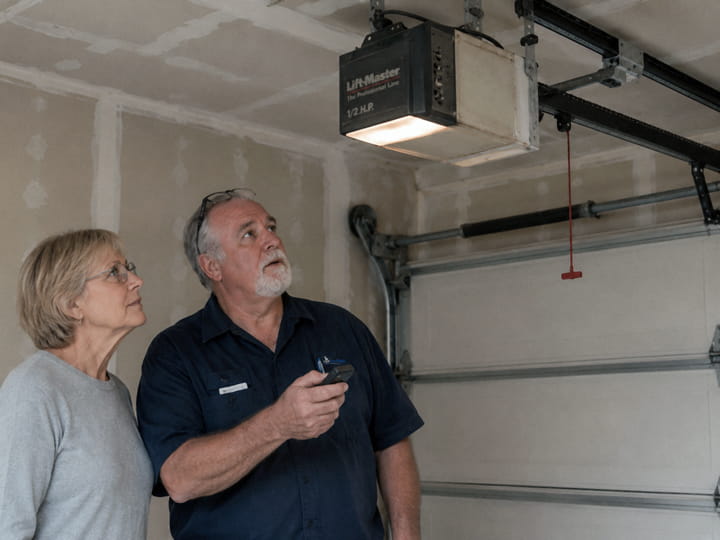 Garage door technician diagnosing an older garage door opener while testing its operation with a customer in Concord.