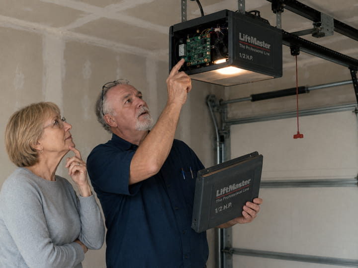 Garage door technician checking the circuit board inside an older garage door opener during a repair service call in Concord.