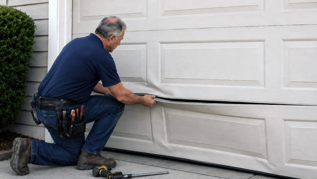 Garage door technician repairing a damaged garage door panel in Concord, CA.