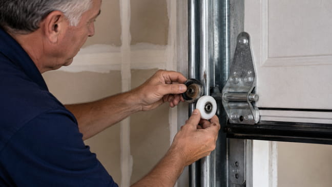 Garage door technician repairing a garage door with worn rollers in Concord, CA.