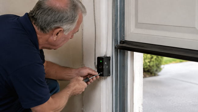 Garage door technician diagnosing and repairing a garage door sensor problem in Concord, CA.
