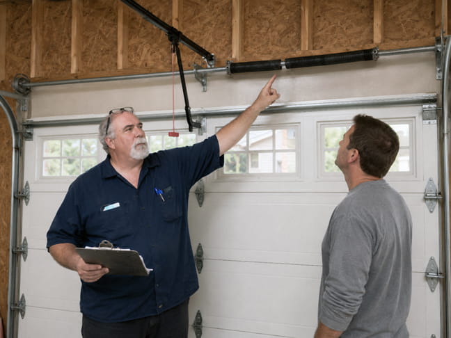 Garage door technician inspecting a broken torsion spring and explaining the signs of spring failure to a homeowner in Concord.