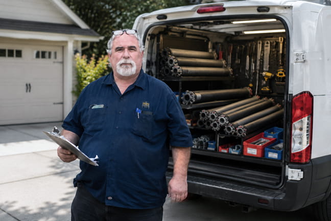 Garage door technician arriving for a garage door spring repair service call in Concord, CA