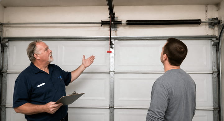 Garage door technician explaining why a second torsion spring should be added to a two-car garage door in Concord.