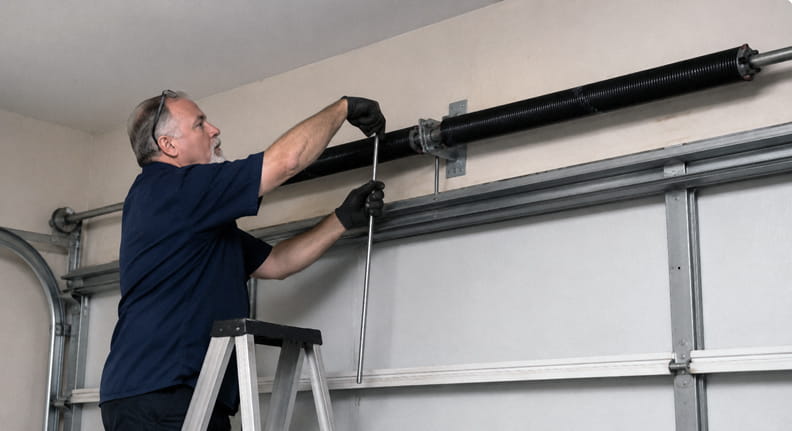 Garage door technician replacing both torsion springs on a two-car residential garage door during a spring repair service in Concord.