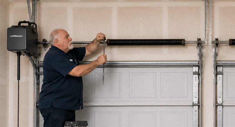 Garage door technician replacing a broken torsion spring on a residential garage door during a spring repair service in Concord.